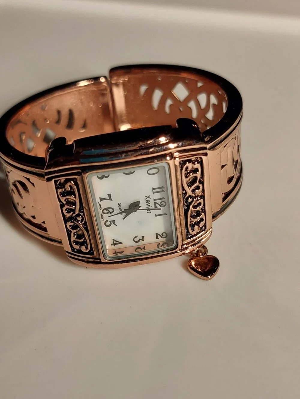 Rose Gold Heart Charm Women's Clamp Bracelet Watch